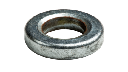 Metal flat washer with slight rust detail, industrial hardware component for mechanical fastener, transparent background