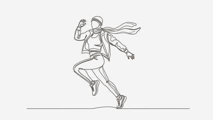 Fototapeta premium Continuous line drawing of a woman running in winter clothes