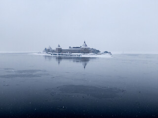 Winter Oreshek Fortress on the island in a Snowy Ladoga lake