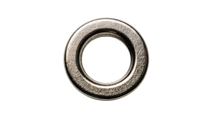 Single silver metal eyelet providing a round hole, used as fastening hardware for various garments and textile products
