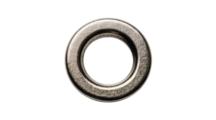 Single silver metal eyelet providing a round hole, used as fastening hardware for various garments and textile products