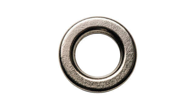 Single silver metal eyelet providing a round hole, used as fastening hardware for various garments and textile products