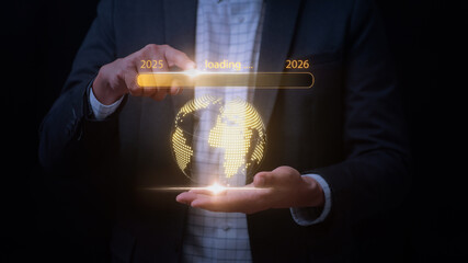 Confident businessman managing global digital transition with future technology and glowing world hologram