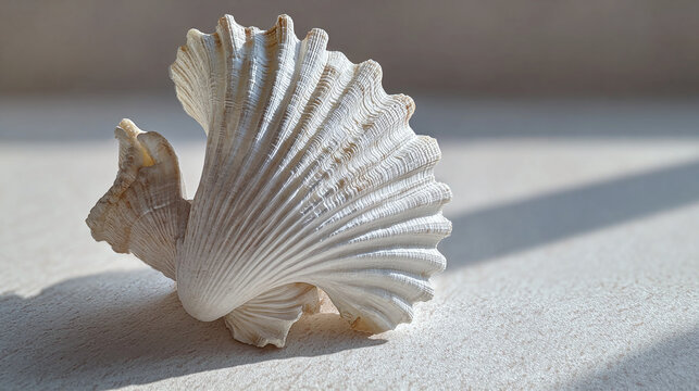 A close-up photograph of a delicate seashell resting on a surface, with natural light and shadow play enhancing its intricate details