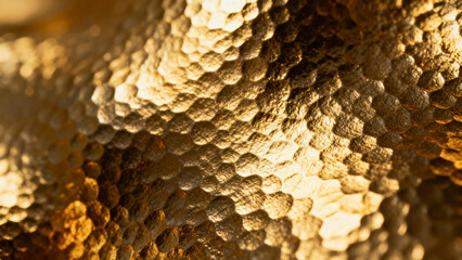 Close-up of a textured golden surface with hexagonal patterns and reflective highlights