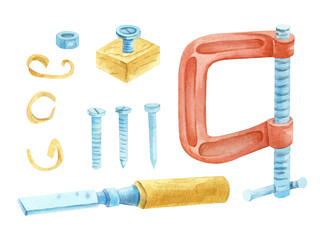 This watercolor woodworking tool set includes a clamp, hacksaw, screws, nails, and a block of wood. These hand-drawn woodworking elements, isolated on a white background, are perfect for DIY, workshop