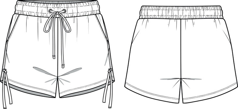 Technical fashion flat sketch of women's casual drawstring shorts with elastic waistband and side ties for apparel design and mockup