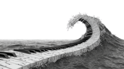 Piano keyboard wave cresting in the ocean, musical notes flowing on the keys, abstract monochrome sound concept
