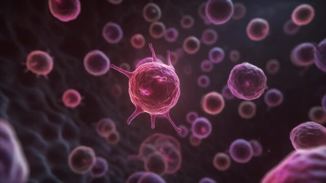 3D medical animation of cancer cells or abnormal cells floating in a biological environment, representing disease progression and cellular activity.