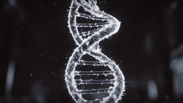 A detailed 3D illustration of a DNA double helix structure, representing genetics, molecular biology, and biotechnology. Blue glowing DNA strand showing molecular bonds in a scientific and futuristic 