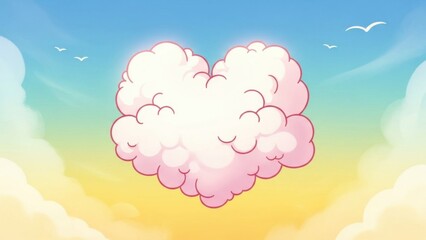 Obraz premium A serene heart-shaped cloud floats gently in a whimsical, colorful sky, creating a peaceful