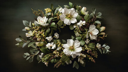 A beautiful floral wreath with lush greenery and white flowers