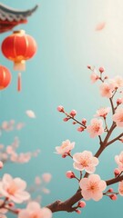 Sakura Blossom with Red Lantern in Soft Spring Background
