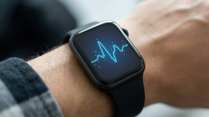 Person wearing generic minimalist smartwatch showing abstract heart rate graph