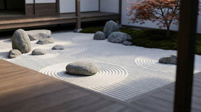 Serene Japanese garden with stones and ripples on sand viewed from a wooden deck