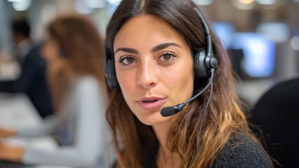 Smiling customer service representative assisting clients in a modern office during busy work hours