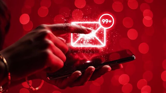 Woman checking smartphone with glowing red notification icon showing 99 unread emails against a bokeh background, 4k