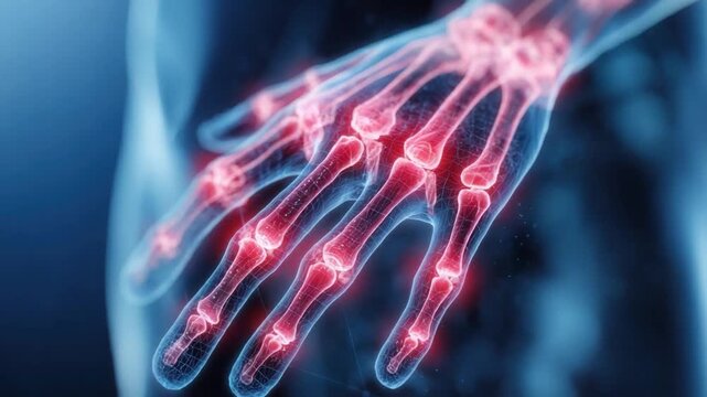 Hand anatomy:  A detailed illustration reveals the intricate skeletal structure of the hand, highlighted in a vibrant display, offering a close-up perspective of the joints and bones. 