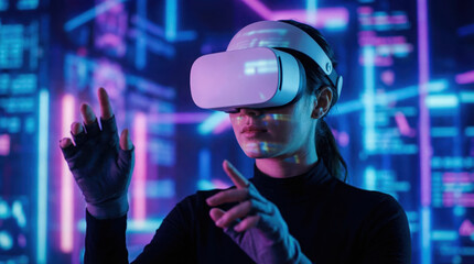 Young woman wearing unbranded VR headset touching digital objects in cyberspace