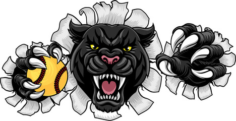Black panther leopard or jaguar cat softball sports team mascot holding a ball
