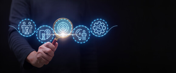 Man hand touching virtual icon for future business diagnostic process concept idea