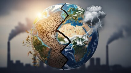 A cracked globe with a cracked earth, clouds, and smoke from factories in the background.