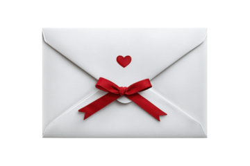 White envelope with red ribbon bow and heart cutout on black background letter mail