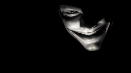 Mysterious figure with a sinister smile, partially illuminated in darkness, creating an eerie atmosphere, evoking feelings of suspense and intrigue in a shadowy environment