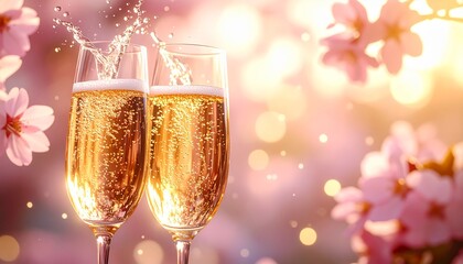 春の祝杯。満開の桜の下で弾けるシャンパンの泡と幻想的なお花見のビジュアル