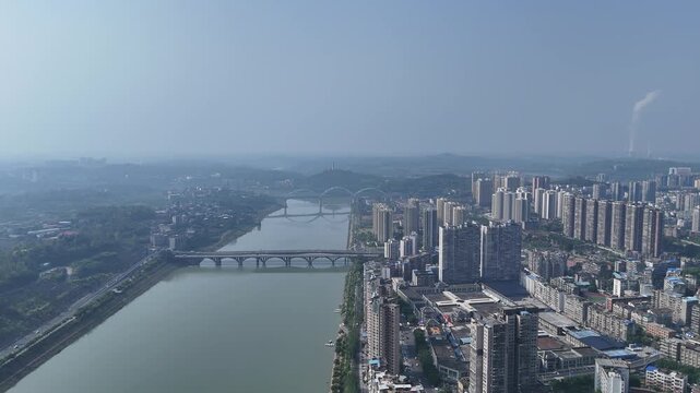 Neijiang Sichuan Aerial View with Tuojiang River Bridges and Cityscape