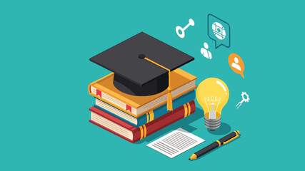 Education Concept Graduation Cap on Books with Light Bulb, Isometric Illustration