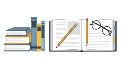 A stack of books with an open textbook isolated on a transparent background