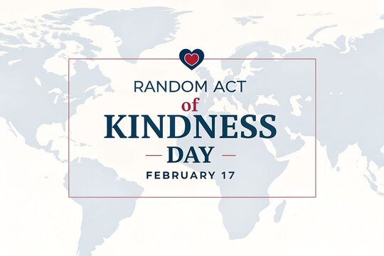 Celebrating random act of kindness day on february seventeenth with a heartfelt message and world map graphic emphasizing global outreach and positive community impact