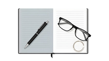 A notebook with a pen and glasses isolated on a transparent background