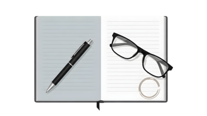 A notebook with a pen and glasses isolated on a transparent background