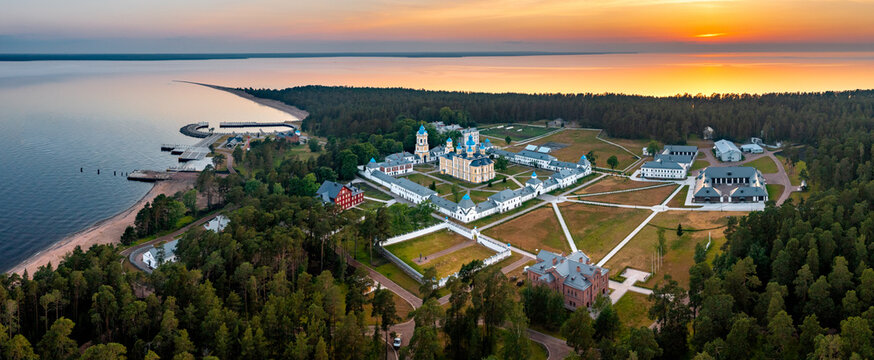 Sunset over Konevets island in Ladoga lake, drone shot