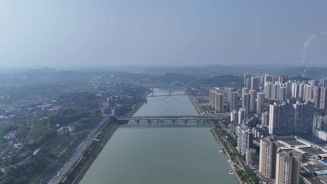 Tuojiang River Bridges Aerial View, Neijiang Sichuan China