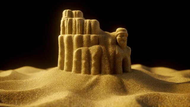 Fine golden sand forming a human statue then collapsing and reshaping into a new figure, cinematic 4K loop.