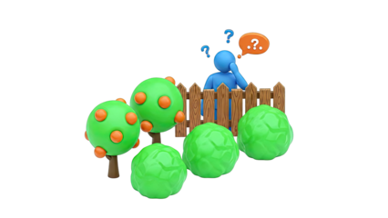 Confused figure behind fence with stylized trees and bushes