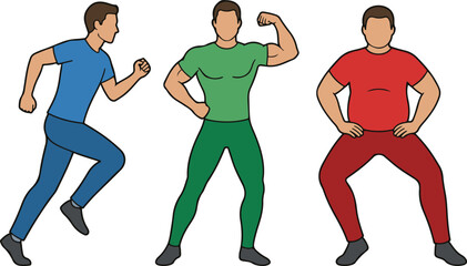Male body types illustration featuring an ectomorph running, a mesomorph flexing, and an endomorph posing, representing different somatotypes, vector isolated.