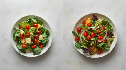 Two Vibrant and Healthy Salads: A Delicious Duo of Fresh Greens, Tomatoes, and Complementary Ingredients, Showcasing a Delightful Vegetarian Meal Option
