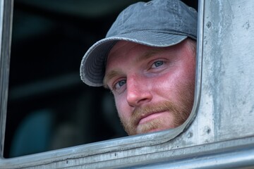 Man with a beard wearing a gray cap is looking out of a truck window, showcasing a moment of contemplation and connection with the vehicle's environment