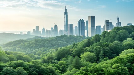 Fototapeta premium Modern Sustainable City Skyline View from Lush Green Urban Forest at Dawn