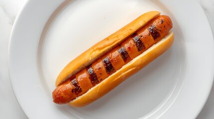 A Deliciously Grilled Hot Dog on a White Plate: A Close-Up Shot Showcasing the Perfectly Cooked Sausage in a Soft Bun, Ready to Enjoy