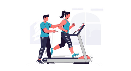 Fototapeta premium Personal Trainer Guiding Woman on Treadmill for Fitness and Health.
