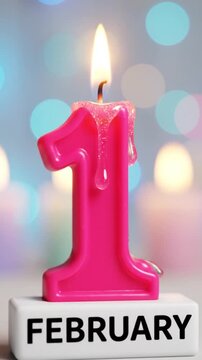 Pink candle shaped like the number one on a block calendar marking February 1st with a colorful bokeh background