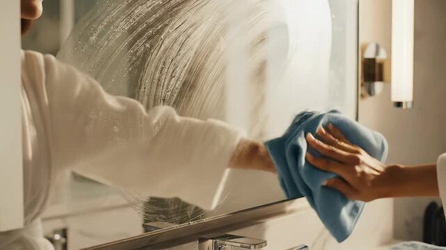 A bright close-up shot of a bathroom vanity mirror being wiped completely spotless with a cleaning cloth emphasizing shine and hygiene in the morning light mirror, service industry, routine