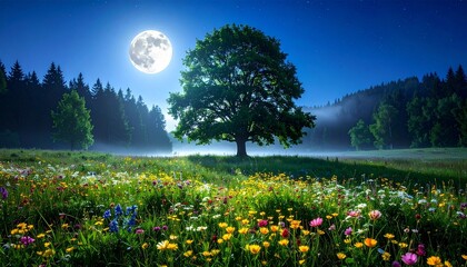 Night meadow with solitary tree, wildflowers, and glowing full moon