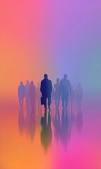 Fototapeta premium People Walking in Colorful Abstract Foggy Background