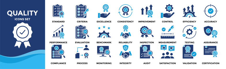Quality icon set collection. an icon pack contain standard, excellence, consistency, improvement, control, accuracy, efficiency, performance, reliability, measurement